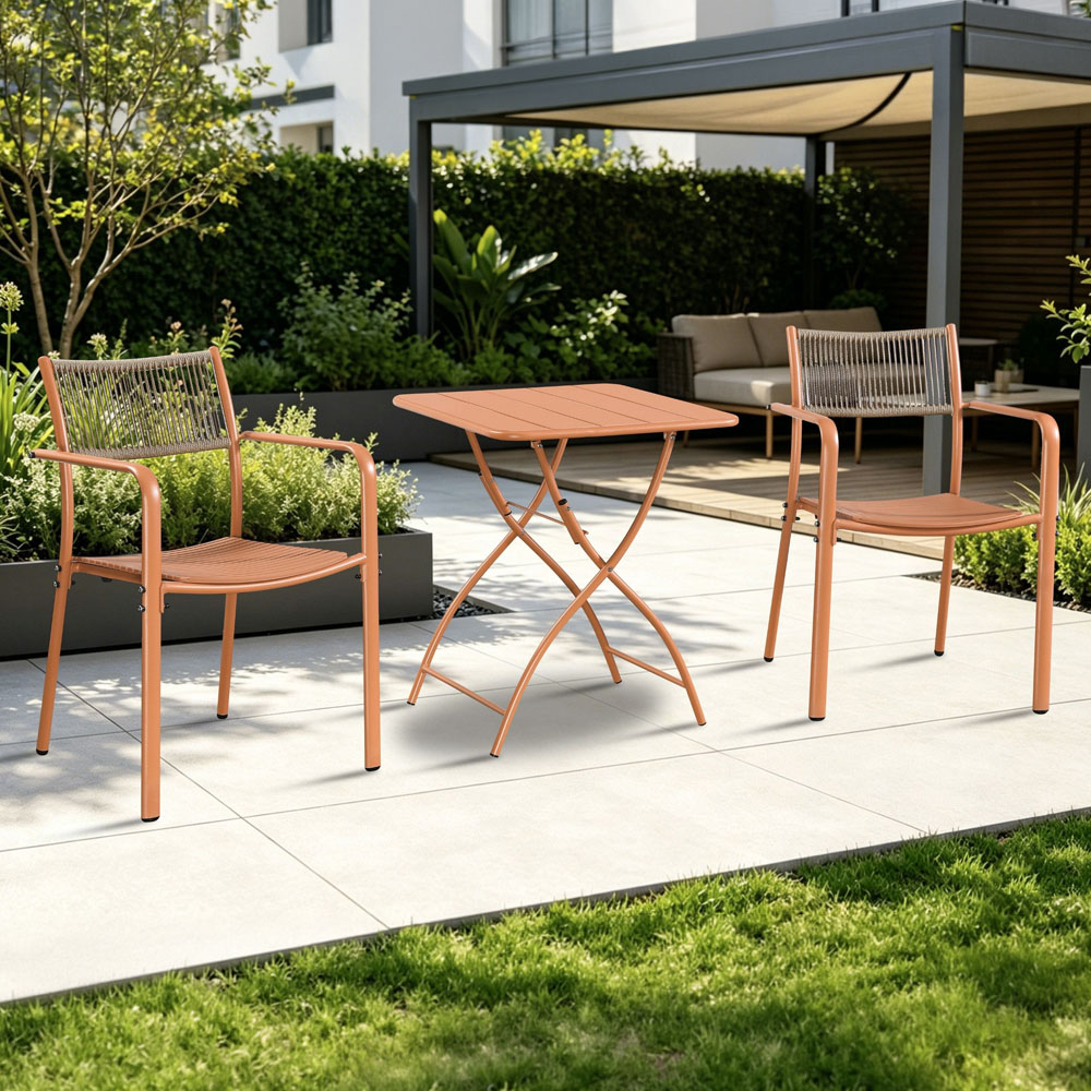 Core Products 2 Seater Terracotta Rope Back Effect Square Metal Foldable Table Garden Bistro Set