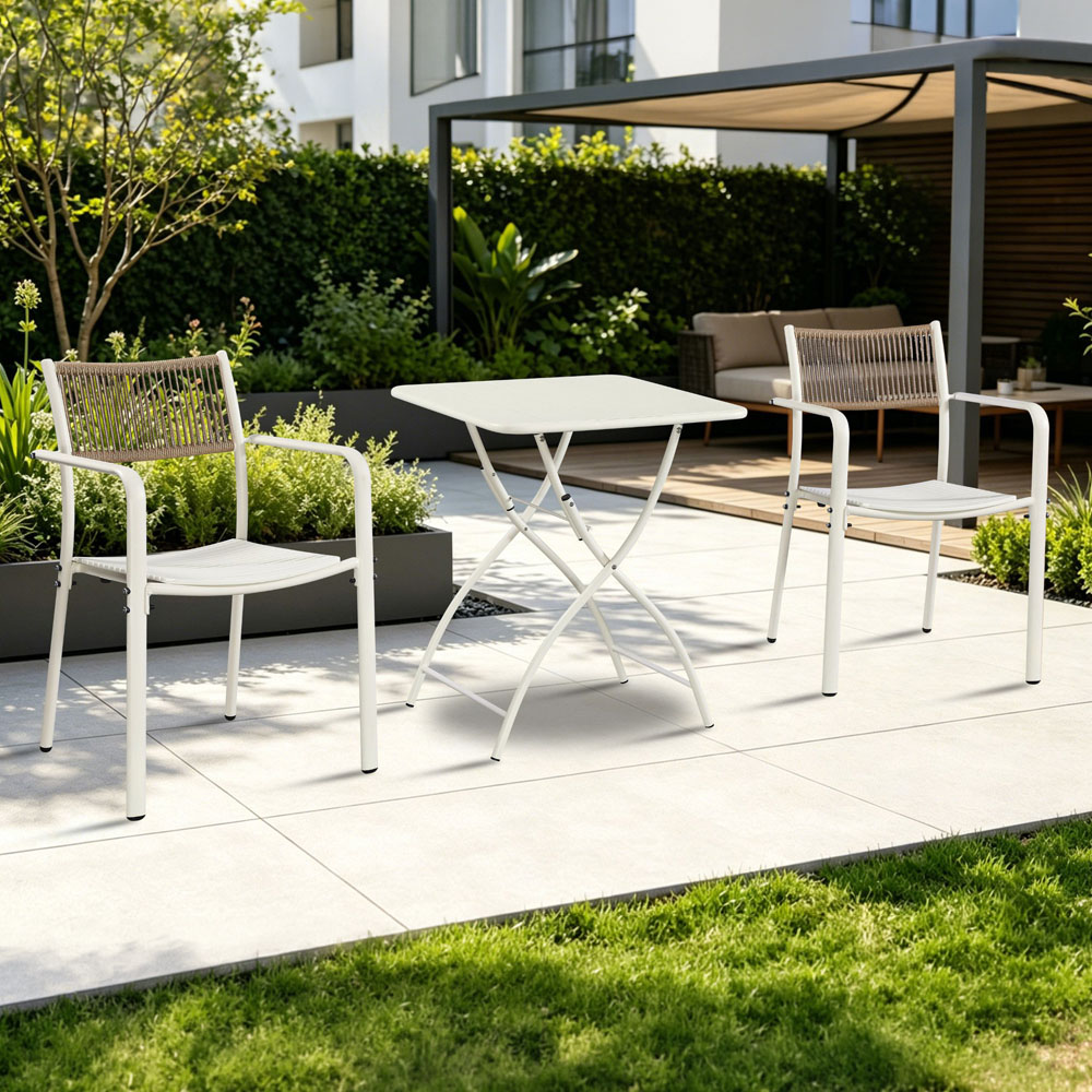 Core Products 2 Seater White Rope Back Effect Square Metal Foldable Table Garden Bistro Set