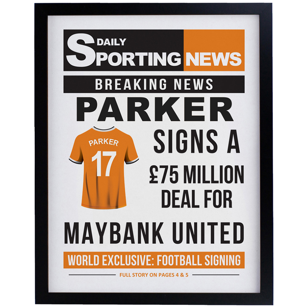 Personalised Memento Company Personalised Football News Black Poster Frame 12 x 15 inch