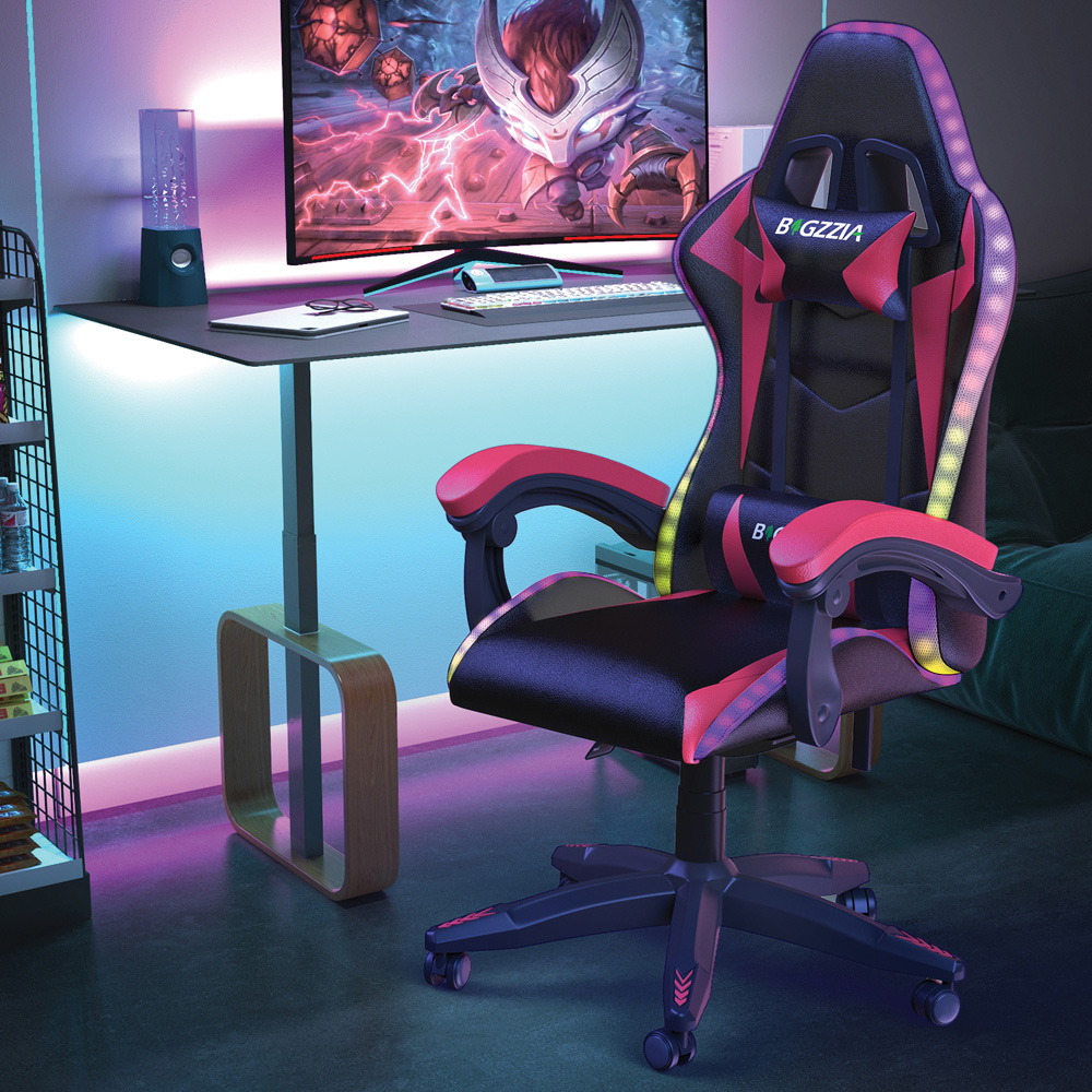 Rattrix Red Height Adjustable Lumbar Backrest Gaming Chair with Headrest and LED Light
