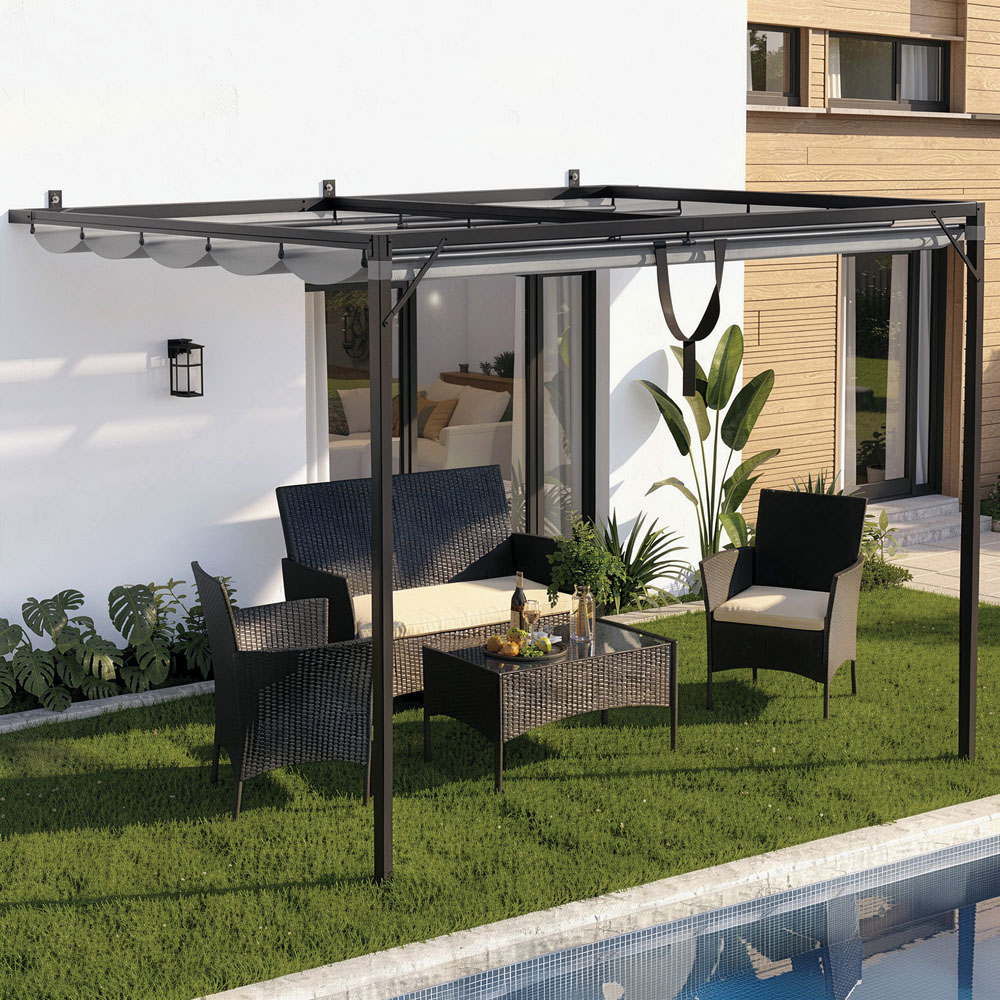 Rattrix 2.4 x 2.4m Grey Lean-to-Wall Metal Pergola with Retractable Canopy