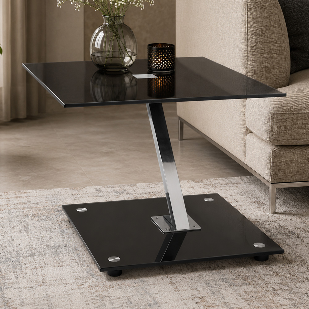 Premier Housewares Black and Chrome End Table with Tempered Glass Top