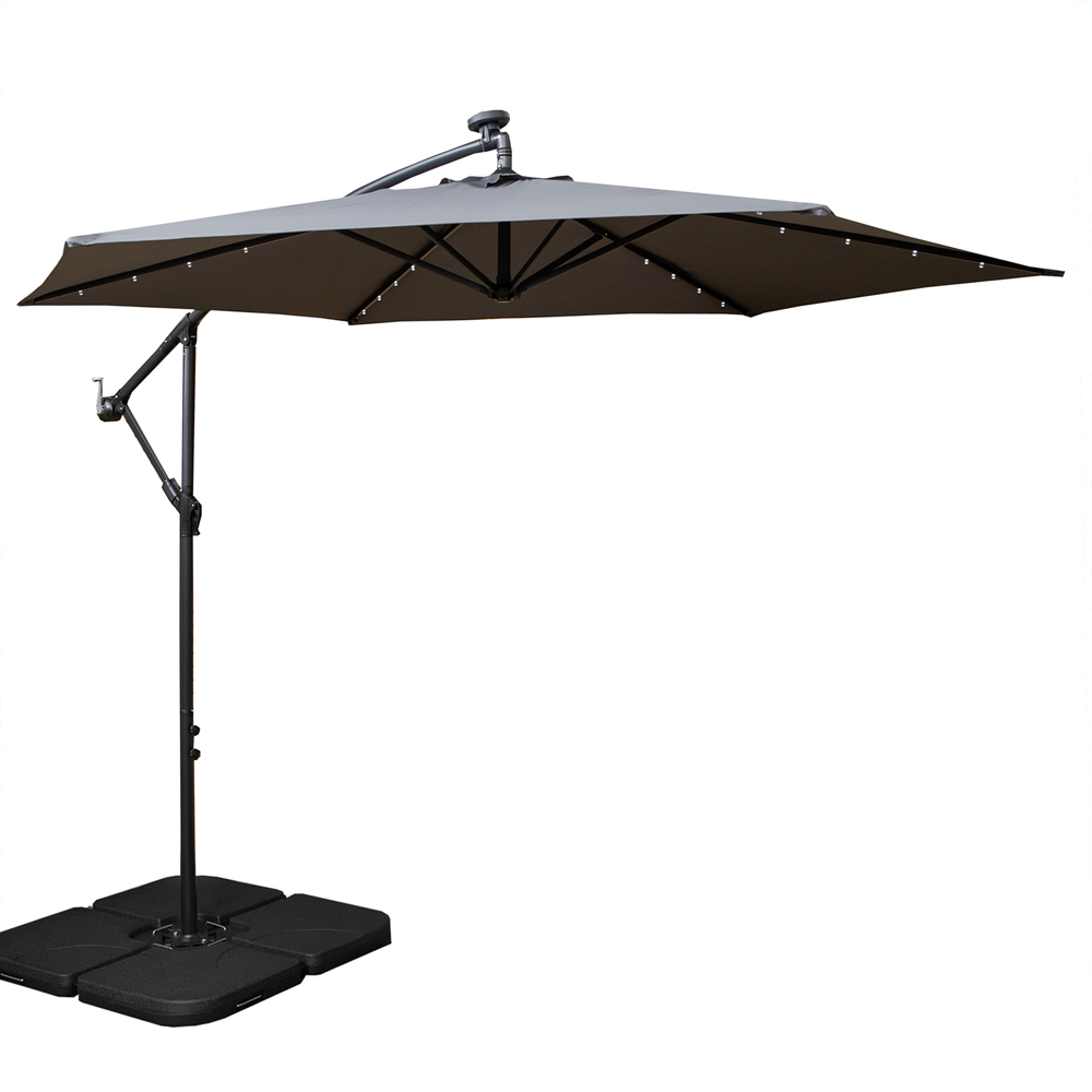 Samuel Alexander Grey Solar LED Crank Banana Hanging Parasol with Base Weights 3m