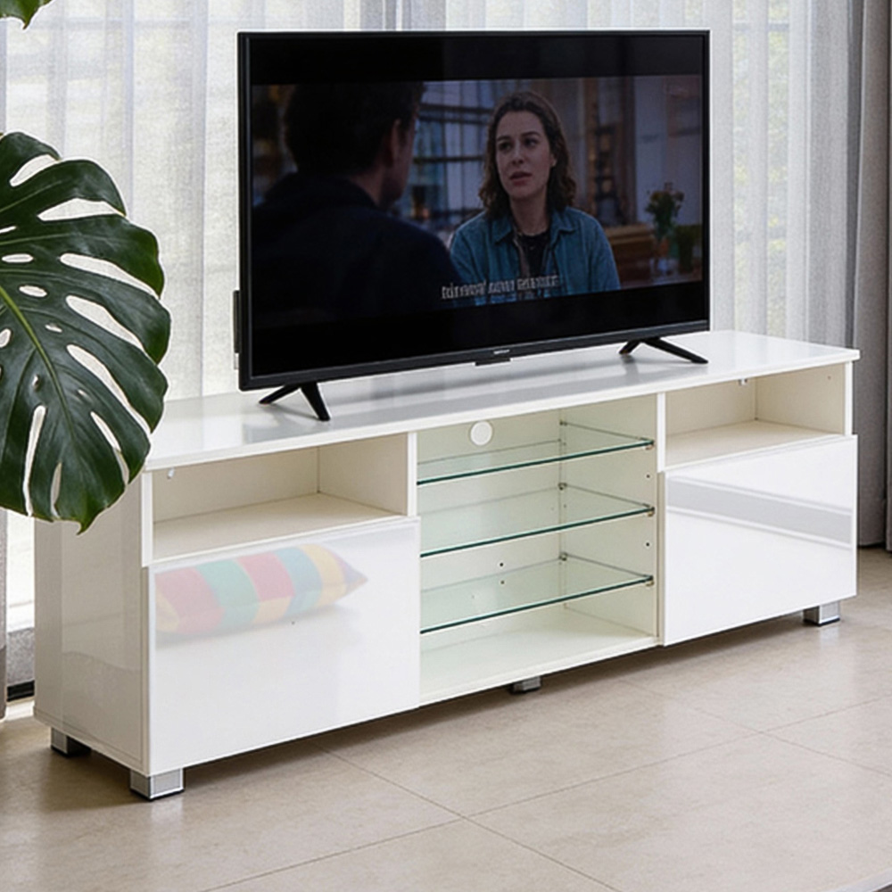 Living and Home 2 Door 6 Shelf White TV Stand with RGB LED Lights and Music Sync