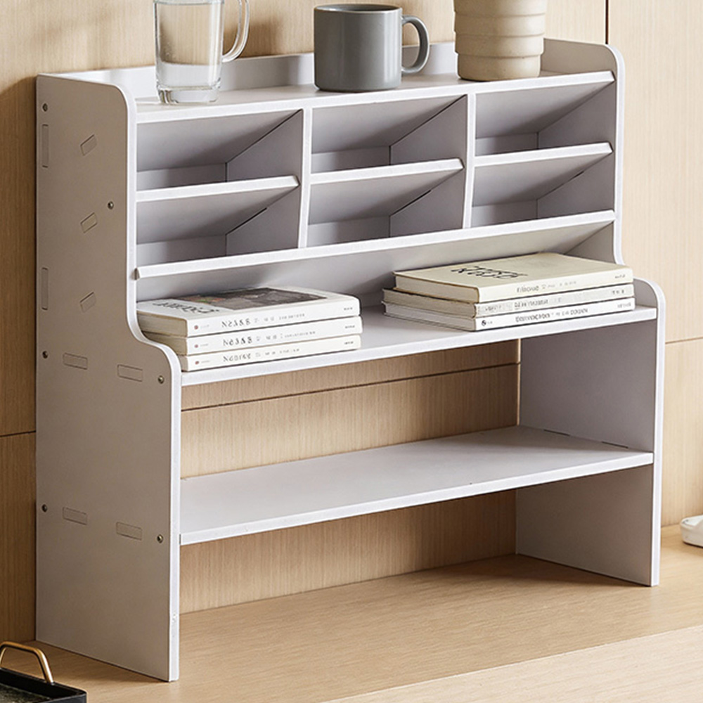 Living and Home 2 Shelf White Desktop Storage Shelf with Raised Base and Angled Compartments