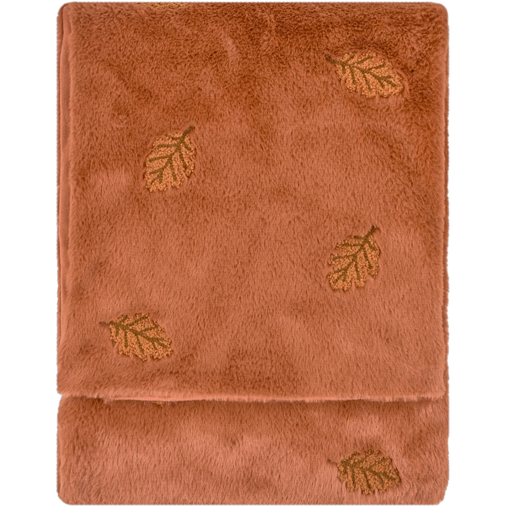 Furn - Autumn Trail Embroidered Throw - Faux Fur - Rust - 130 x 180cm
