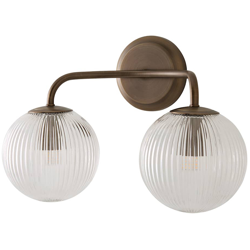 ValueLights Kempton 2 Arm Ribbed Glass Globe Brushed Brass LED Wall Light with Bulb