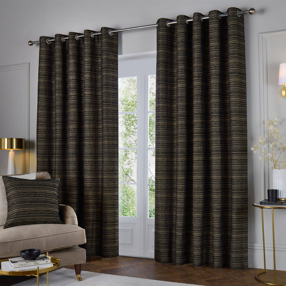 Paoletti - Jupiter Curtains - Chenille Jacquard - Black and Gold - 229 x 137cm