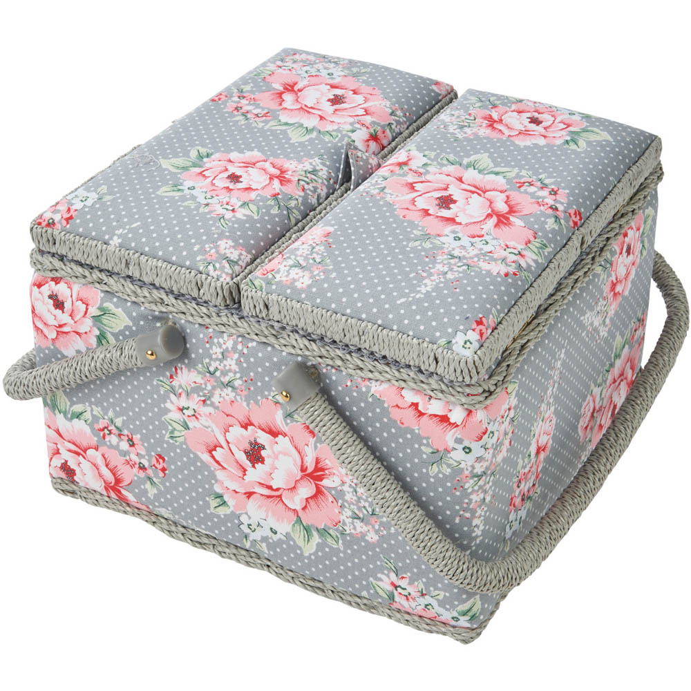 Sewing Online Grey Beautiful Bloom Print Large Twin Lid Sewing Box with Carry Handle