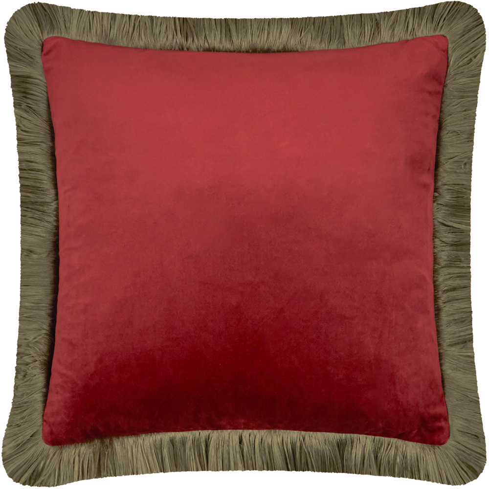 Furn Halo Fringed Dark Red and Fir Green Velvet Cushion 50 x 50cm