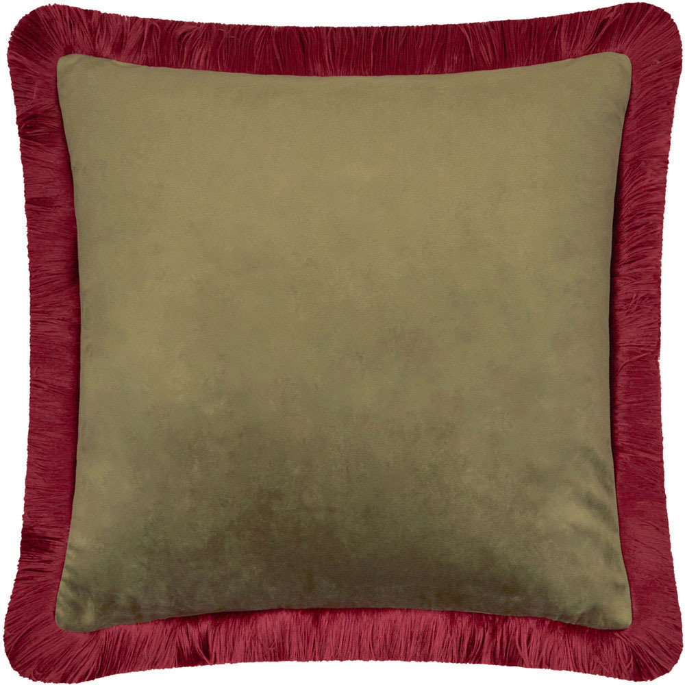 Furn Halo Fringed Fir Green and Dark Red Velvet Cushion 50 x 50cm