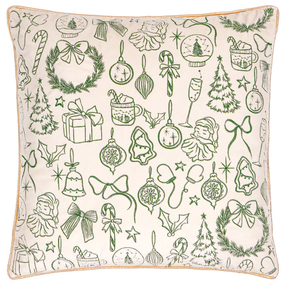 Furn Merry Christmas Ecru and Dark Green Velvet Cushion 45 x 45cm