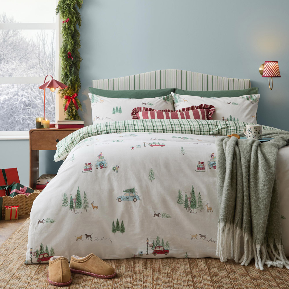 Wylder Christmas Tree Lane Double Natural Sage Cotton Duvet Cover Set