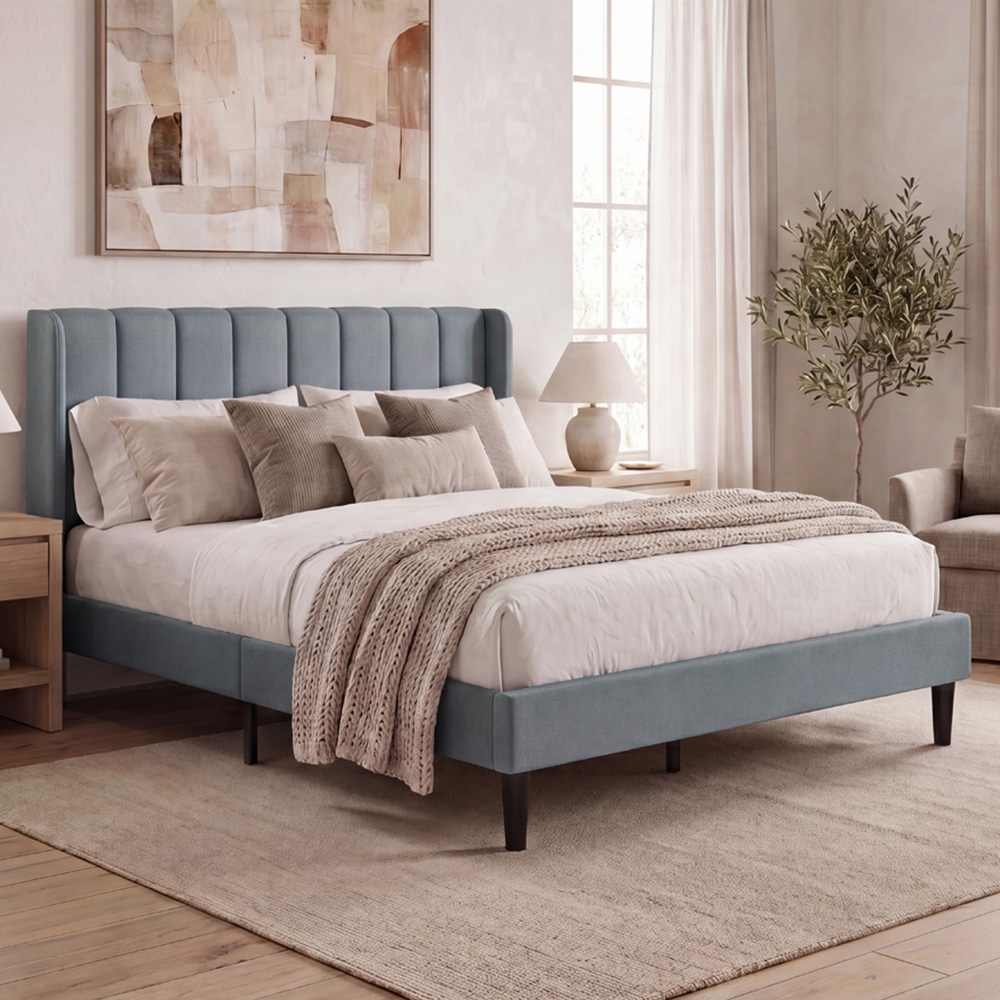 VIDA DESIGNS Vianna King Size Light Grey Linen Fabric Bed with Memory Foam Bonnell Spring Mattress