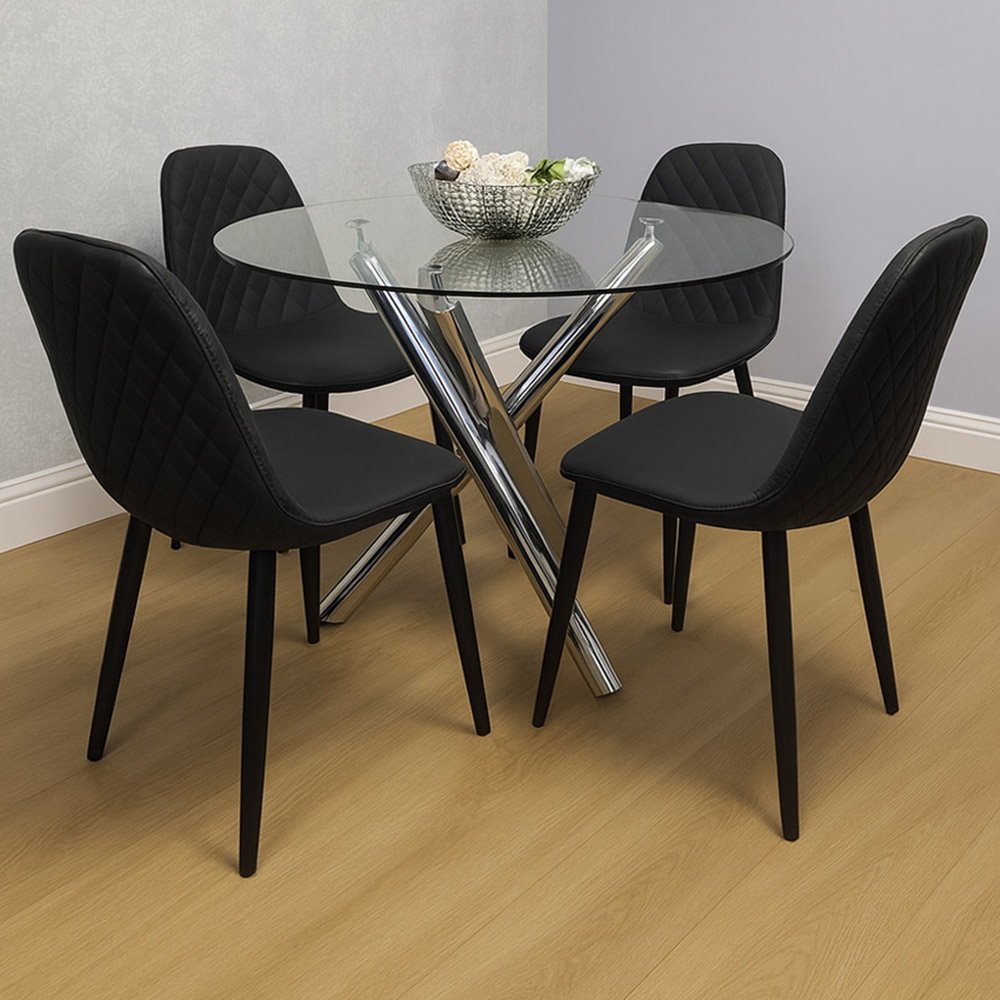 Kosy Koala 4 Seater Clear Glass Faux Leather Gem Pattern Round Dining Set Black