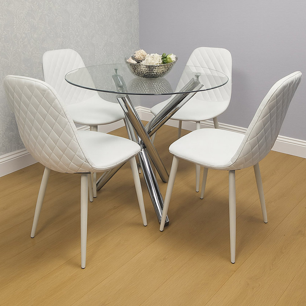Kosy Koala 4 Seater Clear Glass Faux Leather Gem Pattern Round Dining Set White