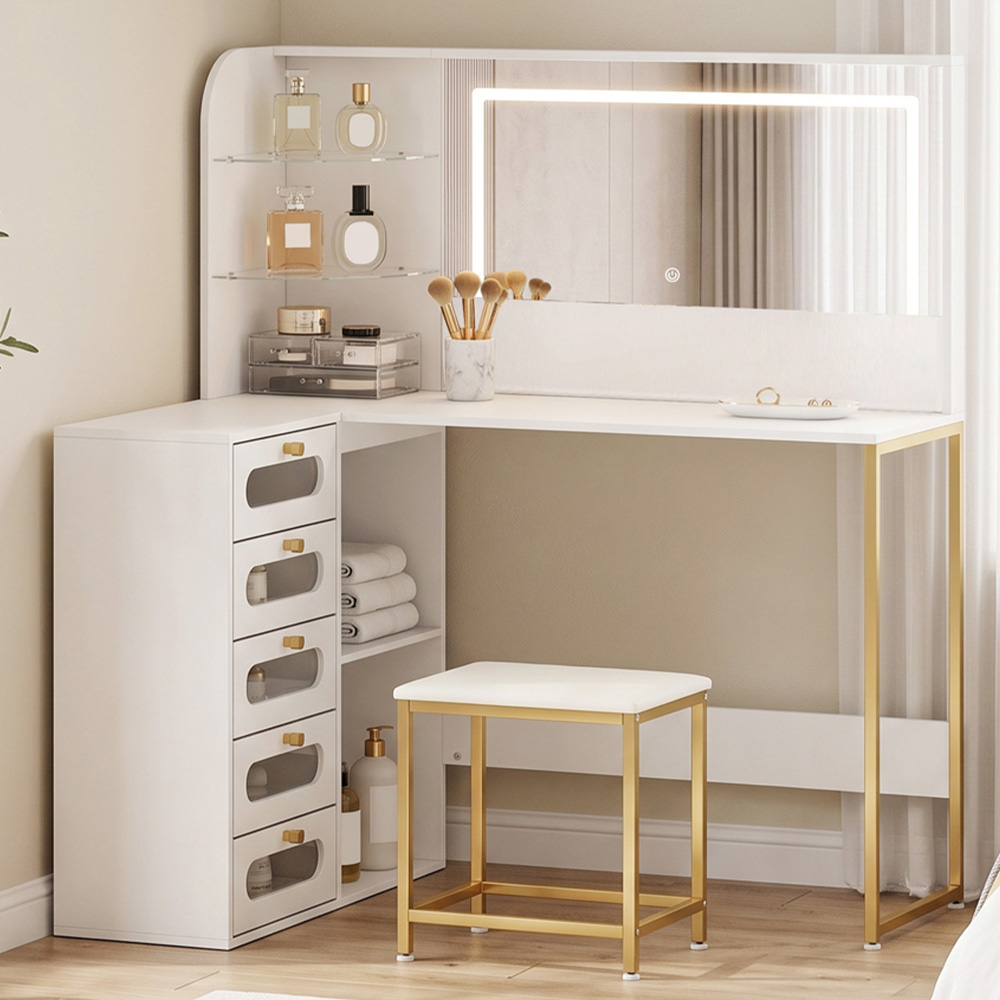 HOMCOM 5 Drawer 4 Shelf White Dressing Table with LED Mirror and Stool