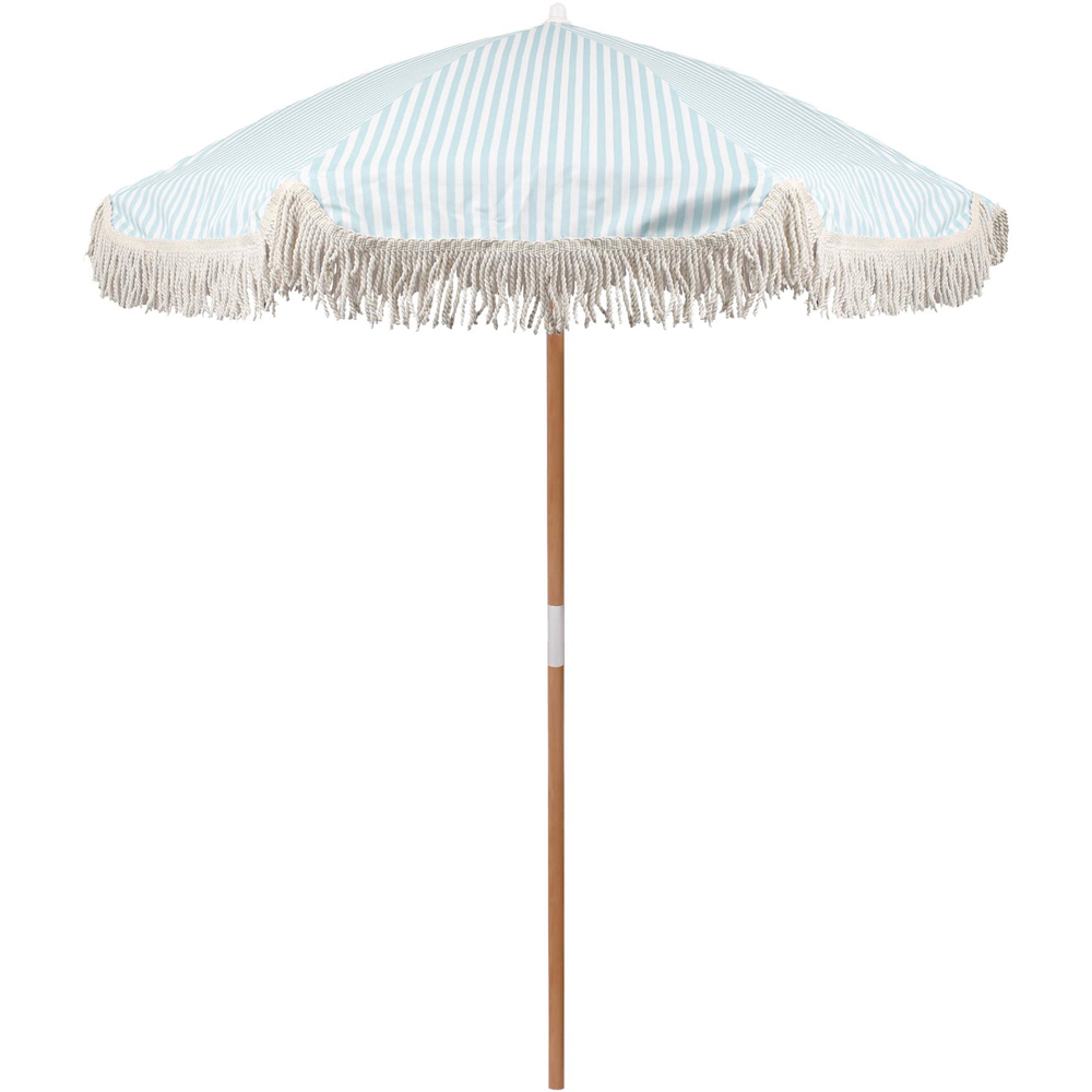 Harbour Housewares Pastel Blue Stripe Wooden Garden Parasol with Tassel Fringe 1.4m