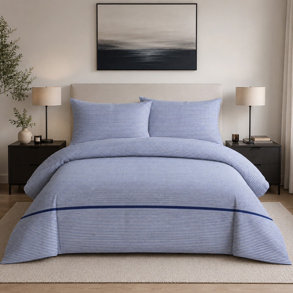Bellissimo Home King Size White and Navy Salcombe Stripe Duvet Cover Set