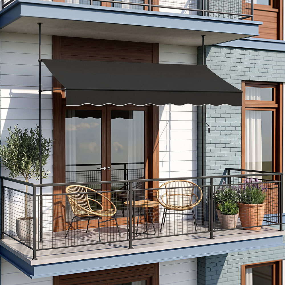 Living and Home Black Wavy Valance Retractable Height Adjustable Awning 3m