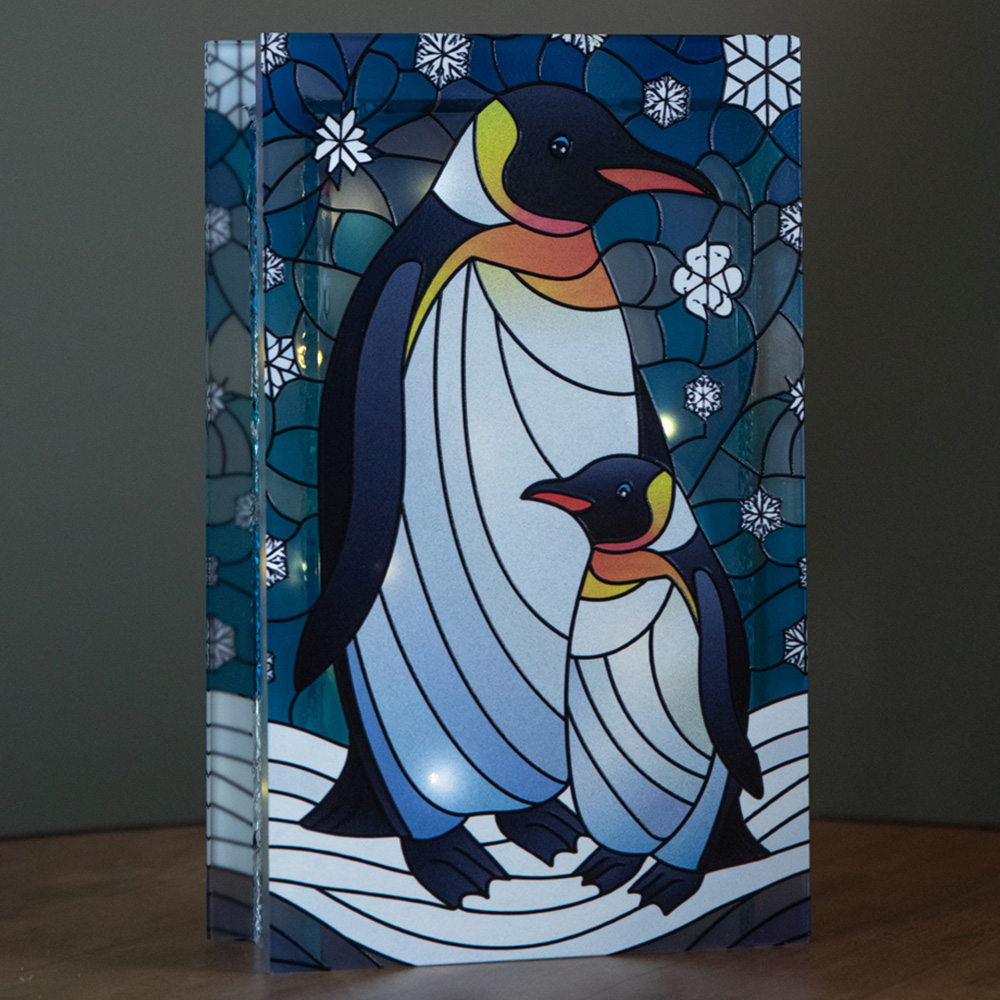 Samuel Alexander Warm White LED Double Sided Stained Glass Light Up Mother & Baby Penguin Ornament