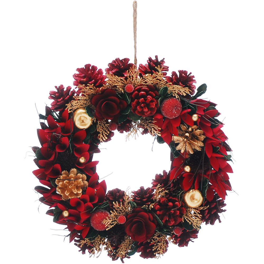 Festive Red and Gold Pinecone Christmas Wreath 36cm
