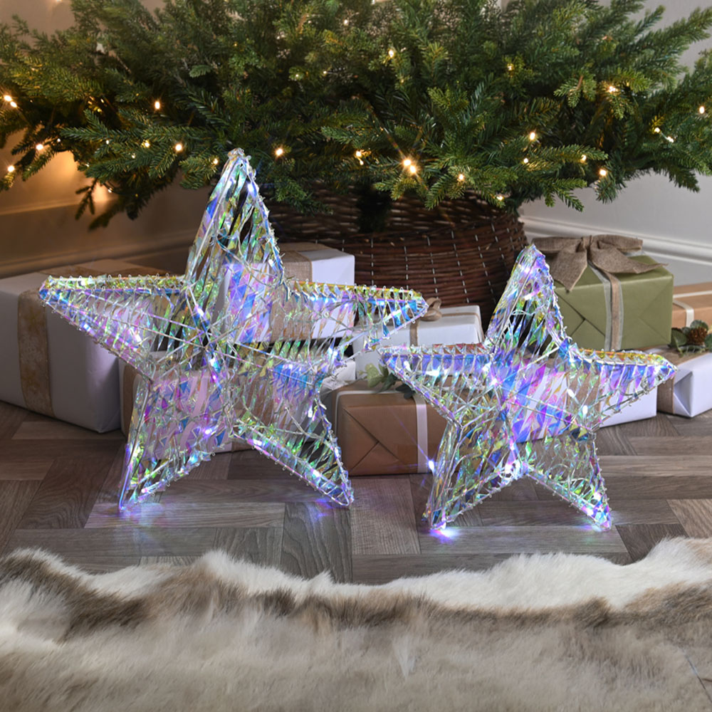 Festive 45 Cool White LED Iridescent Star Christmas Decoration Set of 2