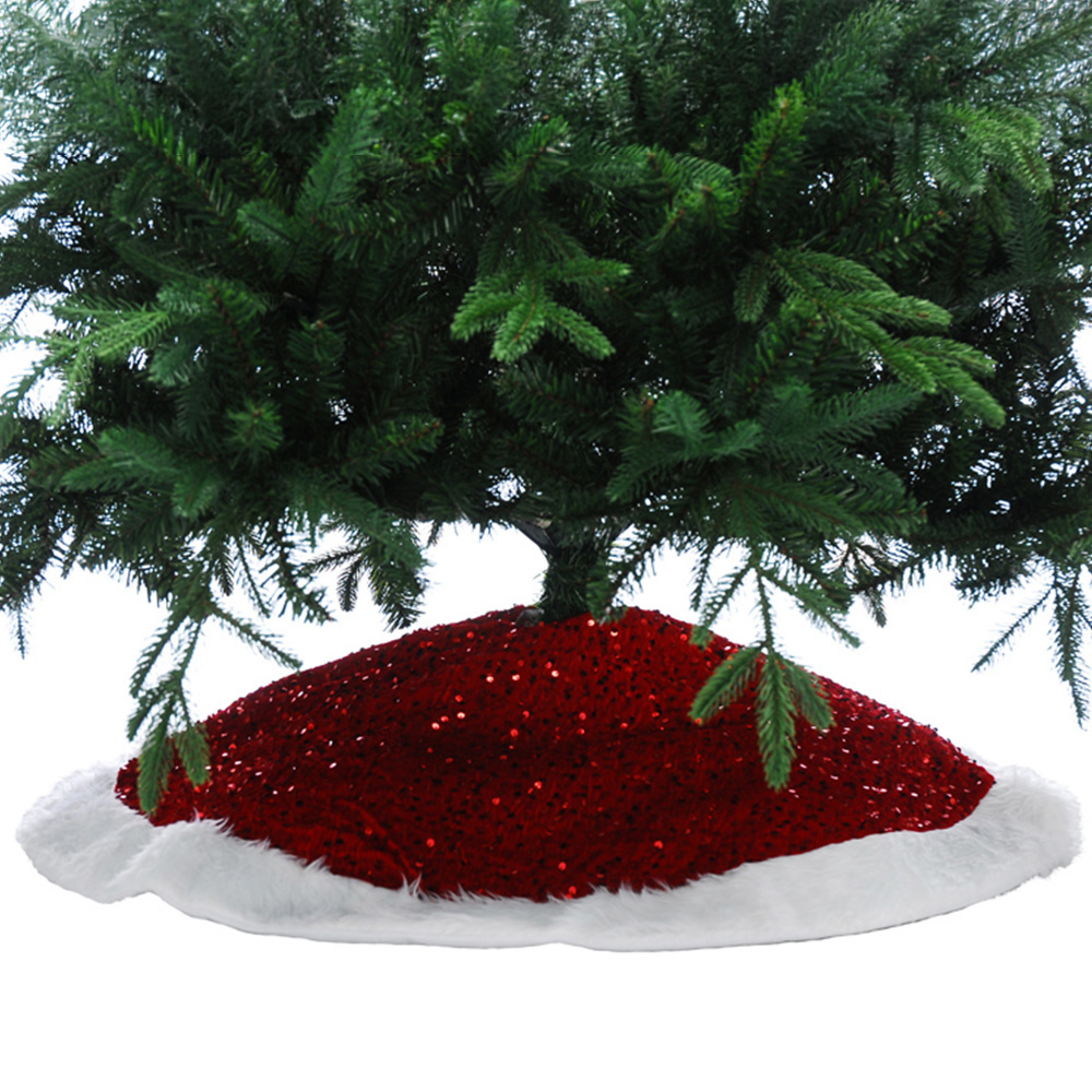 Festive White Fur Trim and Red Glitter Christmas Tree Skirt 90cm