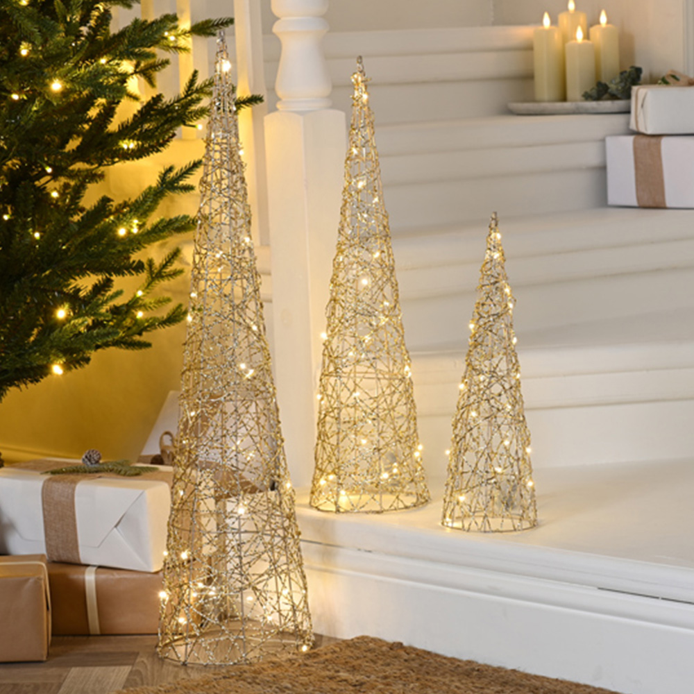 Festive 3 Piece Warm White LED Gold Shimmer Christmas Cone Tree Set