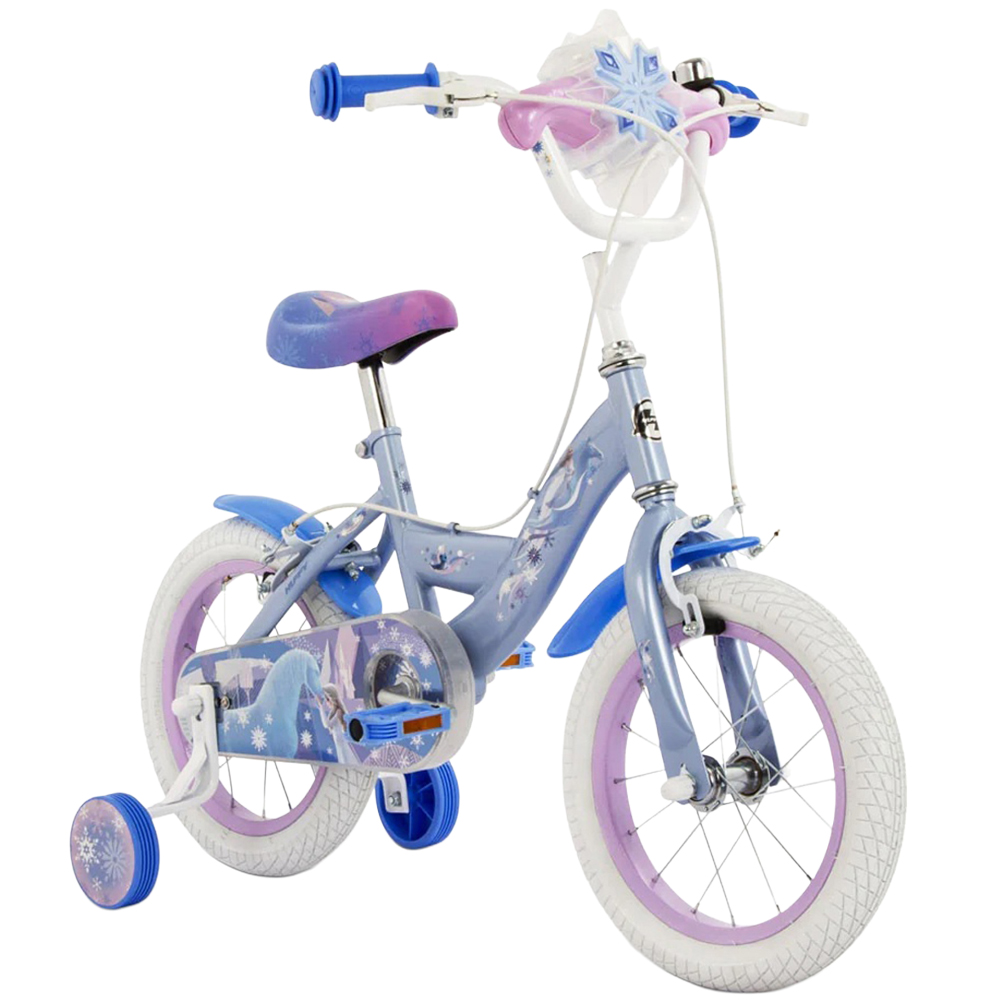 Huffy Disney Frozen Kids 14 inch Blue Bike with Stabilisers and Snowflake Bubble Maker