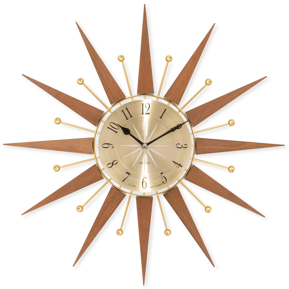 Acctim Wolcott Walnut and Brass Wood and Metal Spoke Sunburst Wall Clock 49cm