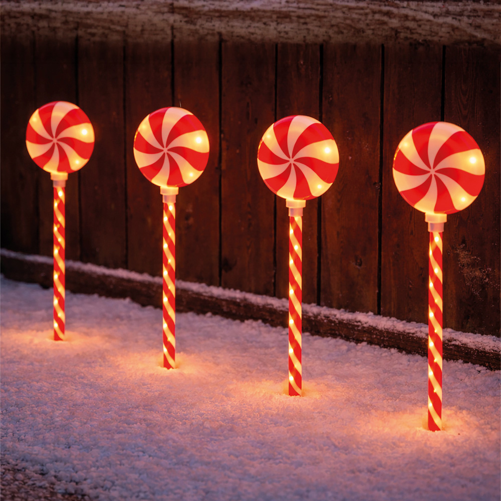 Xmas Haus 16 Warm White LED Round Christmas Candy Cane Stake Light 4 Pack