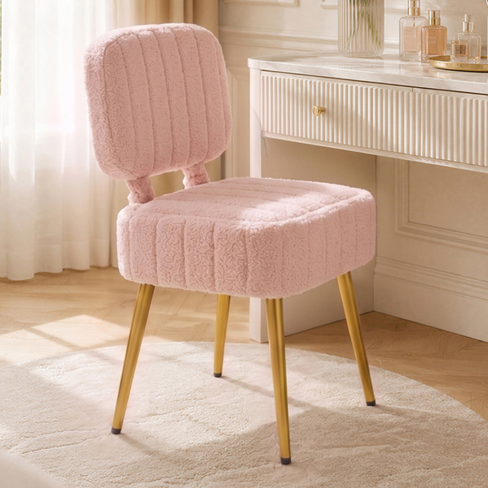 Living and Home Pink Teddy Fleece Foldable Backrest Vanity Chair with Hidden Storage