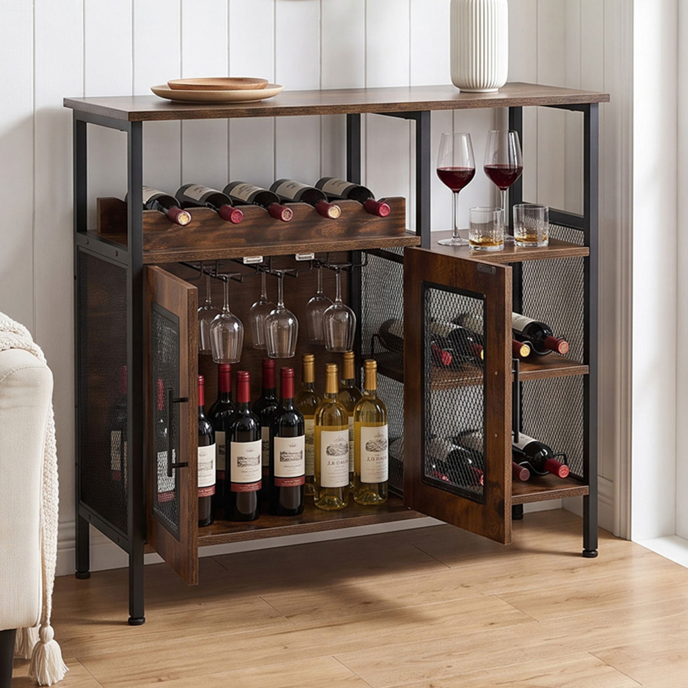 Living and Home 2 Door 3 Shelf Retro Brown Bar Cabinet with 5 Bottle Wine Rack