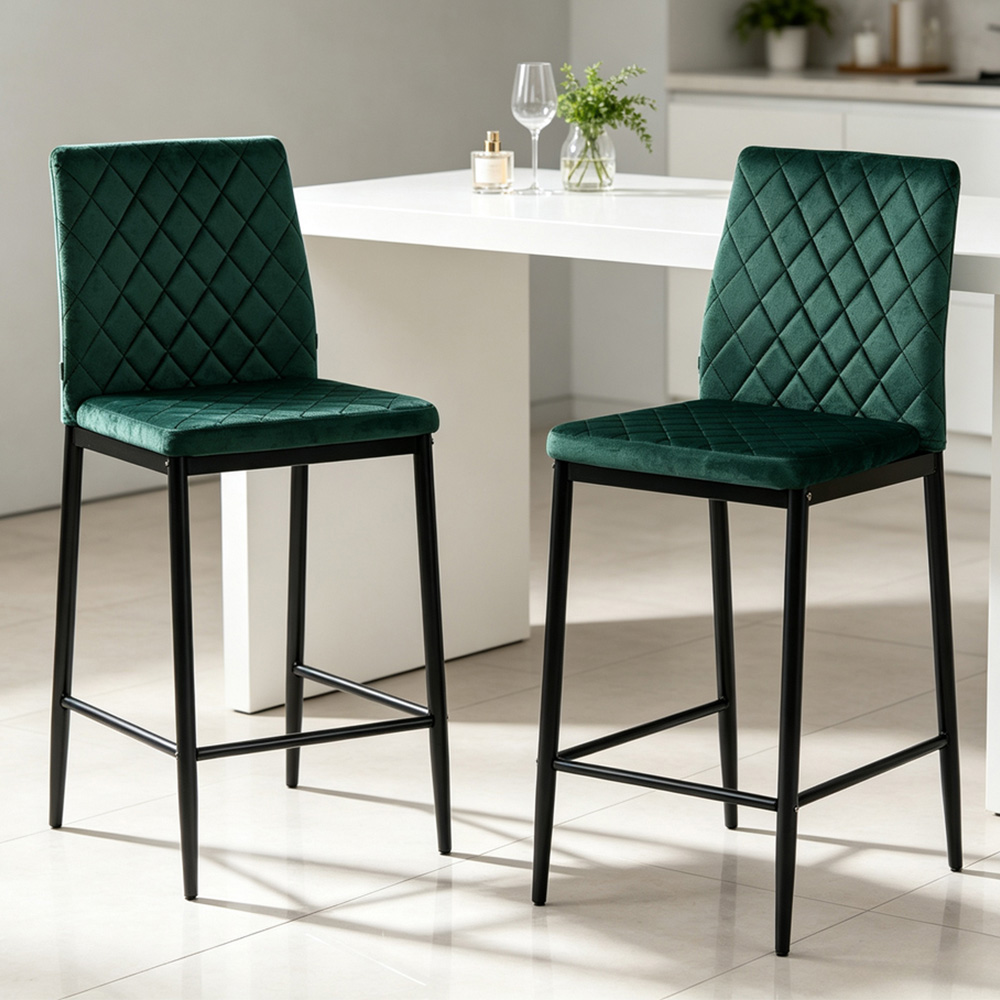 Living and Home Dark Green Velvet Diamond Stitched Bar Stool Set of 2