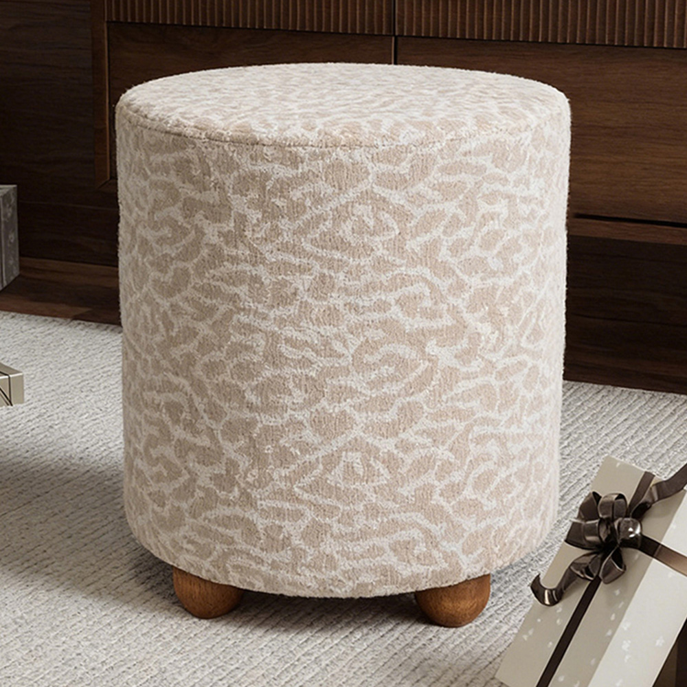 Living and Home Light Brown Chenille Leopard Print Round Footstool