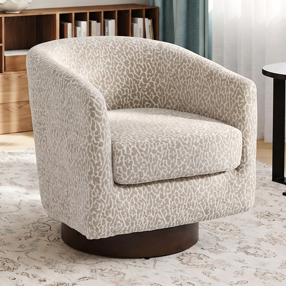 Living and Home Light Brown and White Linen Leopard Print Curved Barrel Swivel Armchair
