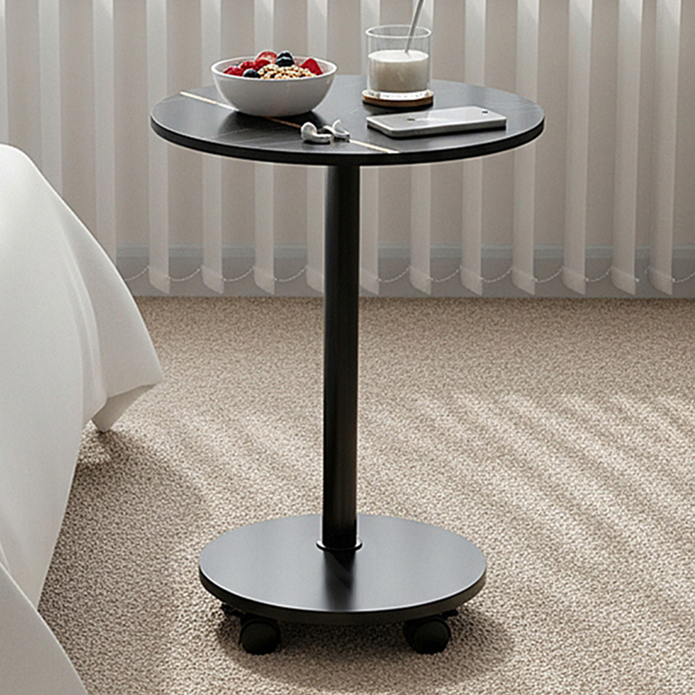 Living and Home Black Marble Look Round Side Table with Lockable Castors