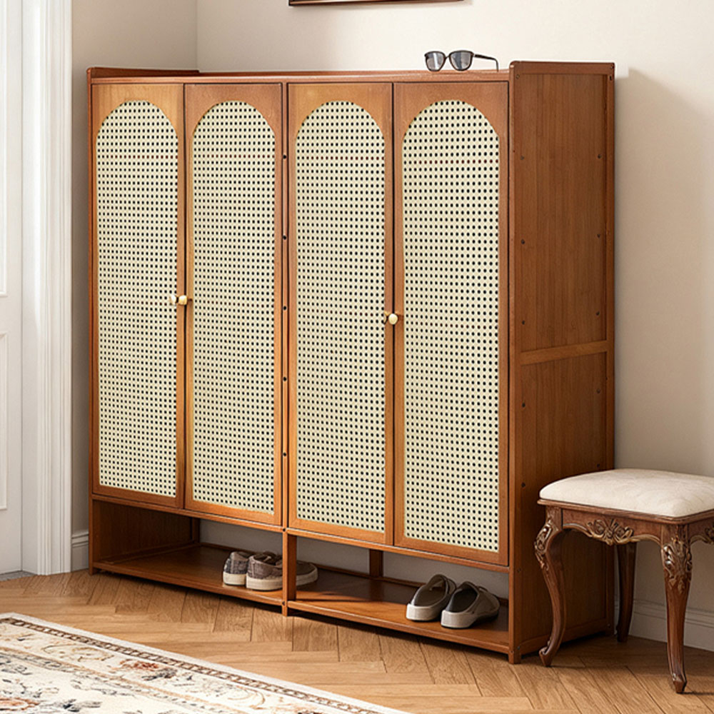 Living and Home 4 Door Single Open Shelf Brown Rattan Shoe Cabinet
