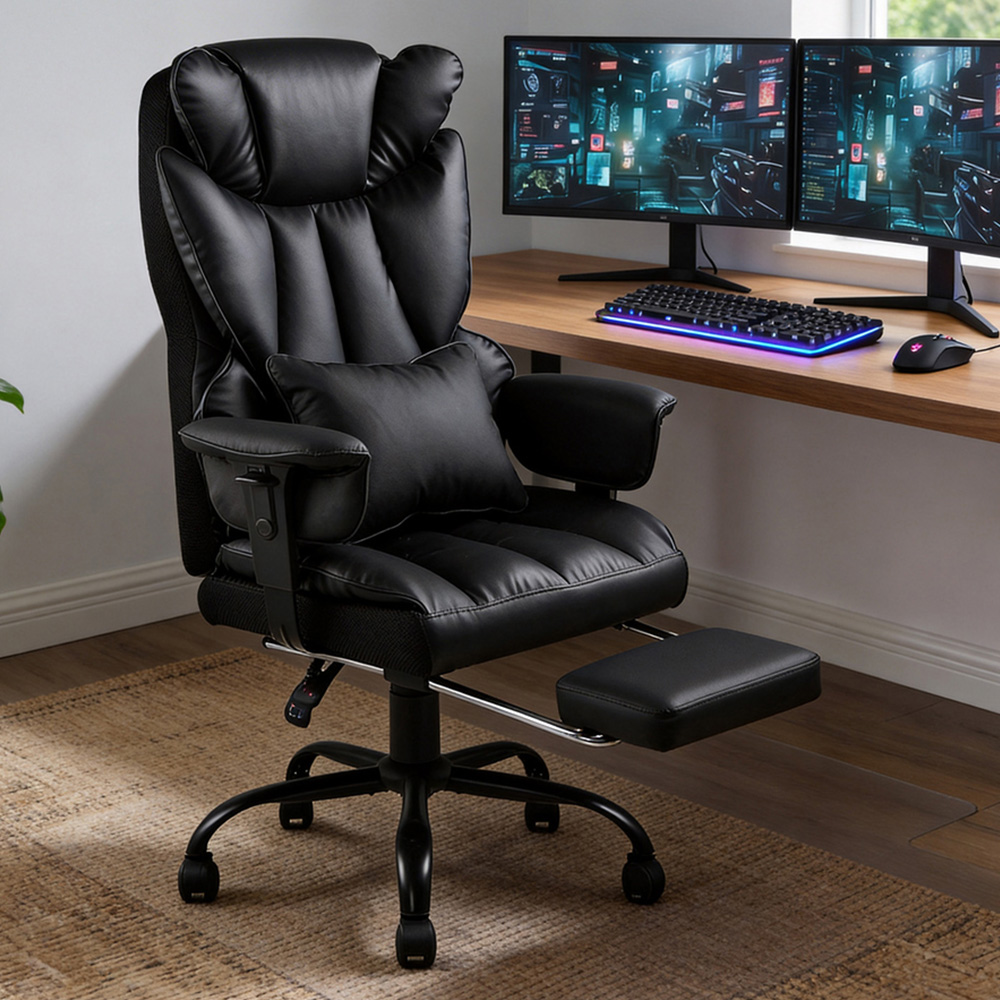 Living and Home Black Ergonomic Office Chair with Adjustable Armrests and Footrest