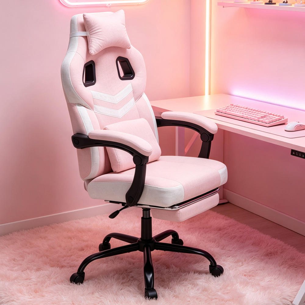 Living and Home Pink and White Padded Gaming Chair with Footrest