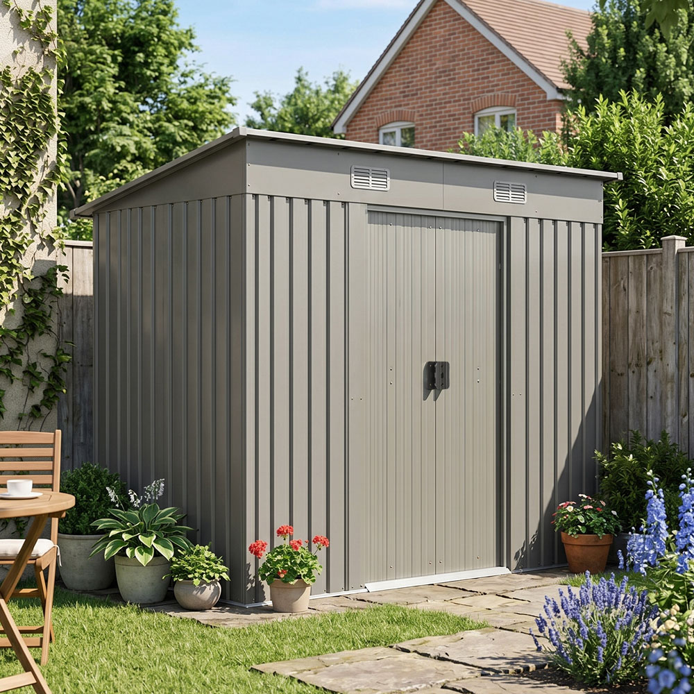 Living and Home 4 x 8ft Grey Metal Pent Garden Tool Shed with Foundation