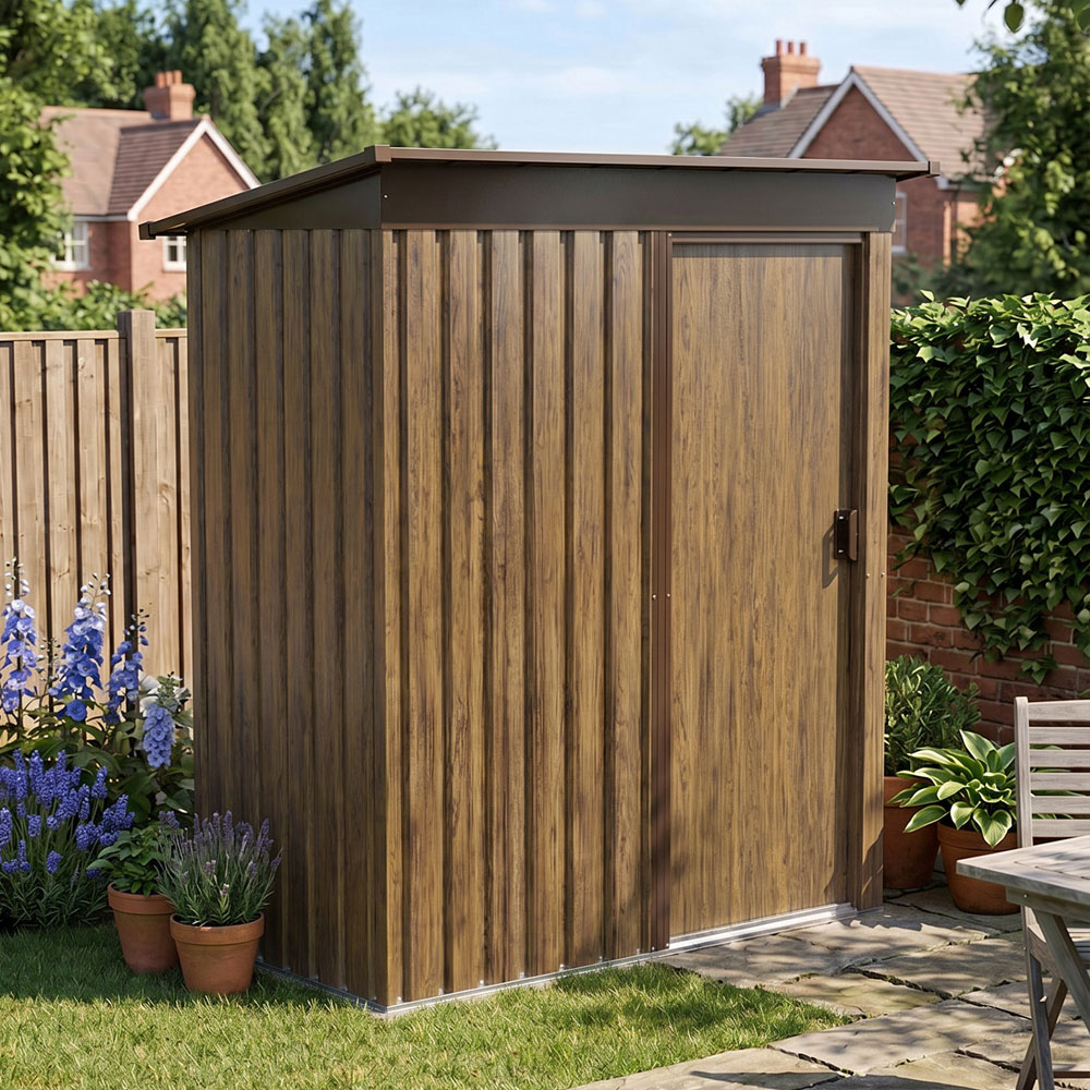 Living and Home 3 x 5ft Brown Wood Grain Metal Pent Garden Storage Shed