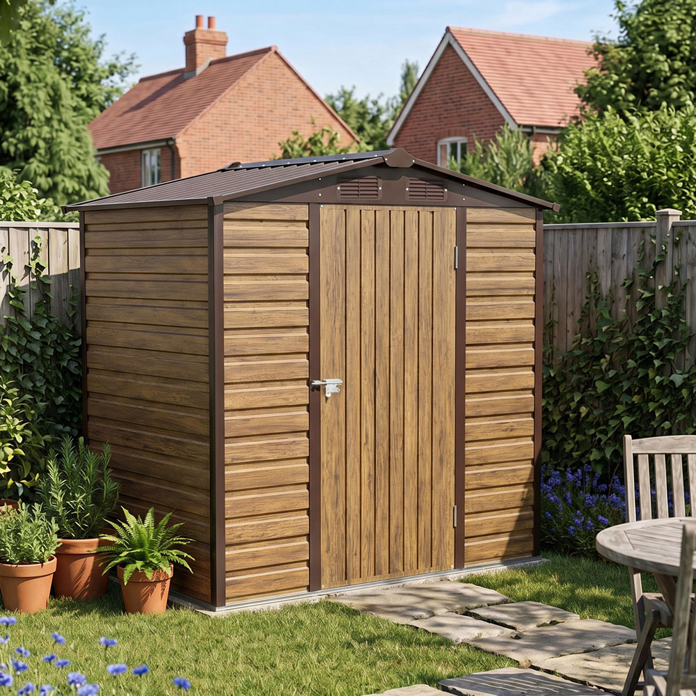 Living and Home 4 x 6ft Brown Wood Grain Metal Apex Garden Storage Shed