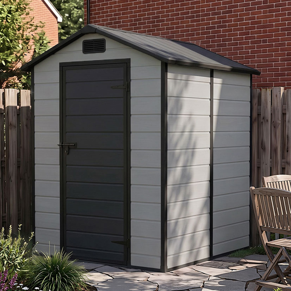 Living and Home 4 x 6ft Smokey Grey and Black Wood Grain Plastic Garden Storage Shed with Floor