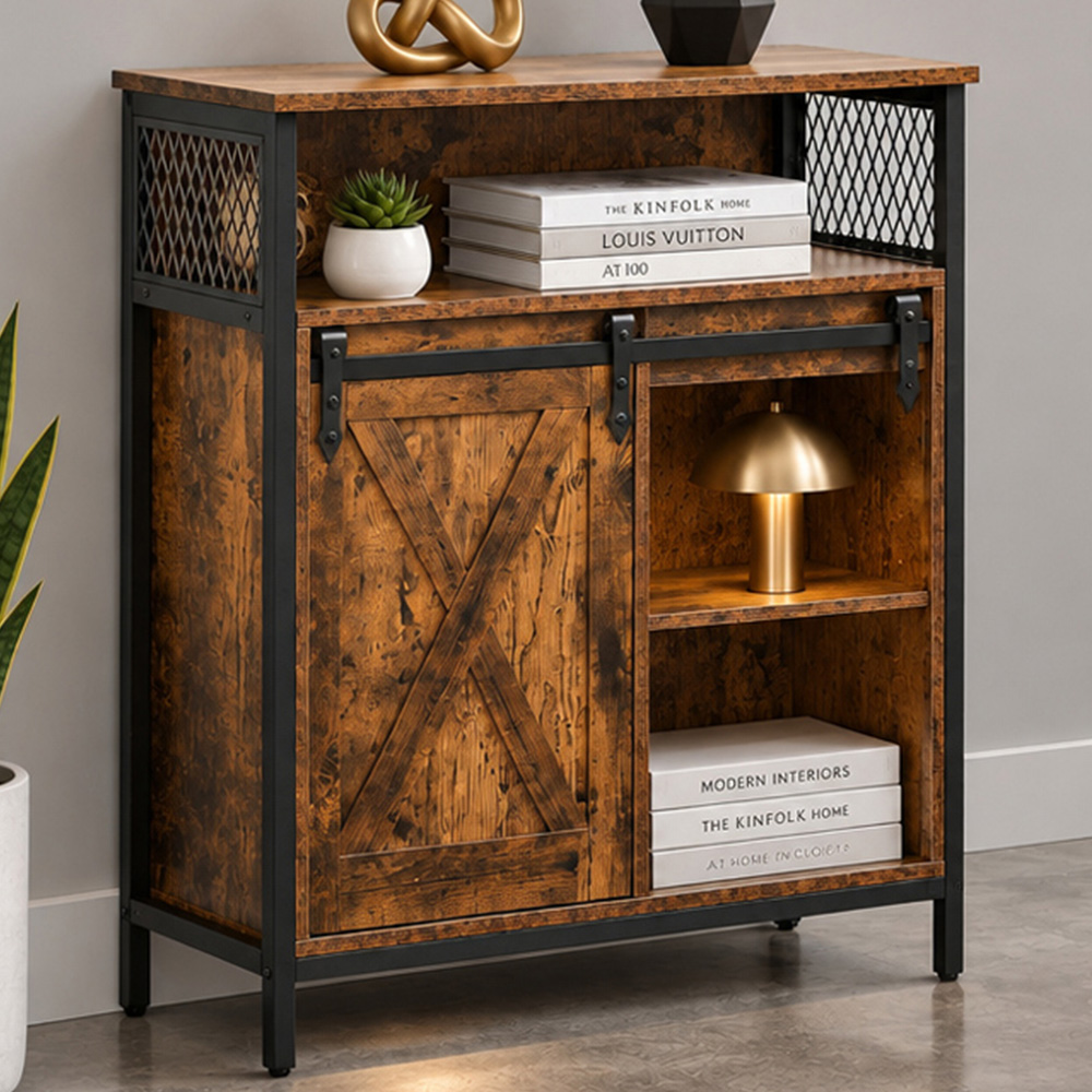 Modcraft Single Sliding Door 3 Shelf Rustic Brown and Black Industrial-Style Storage Cabinet