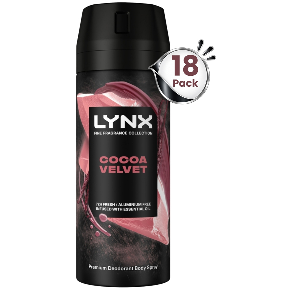 Lynx Fine Fragrance Men's Cocoa Velvet 72H Freshness Deodorant Body Spray 150ml 18 Pack