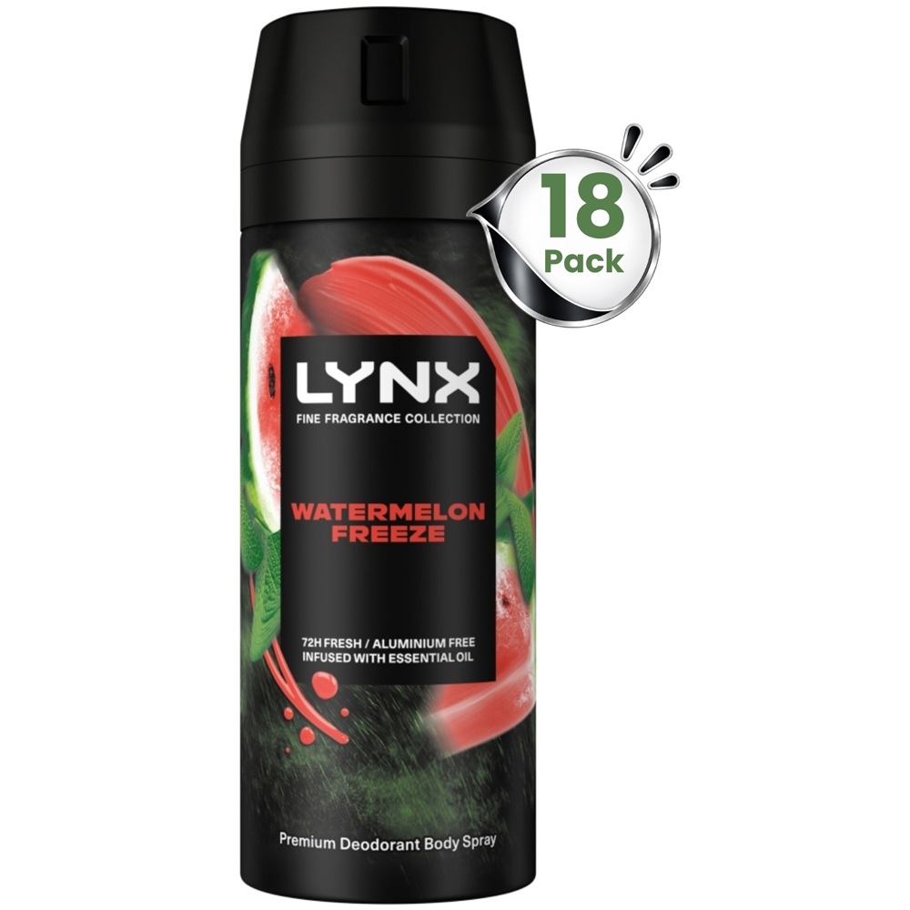 Lynx Fine Fragrance Men's Watermelon Freeze 72H Freshness Deodorant Body Spray 150ml 18 Pack