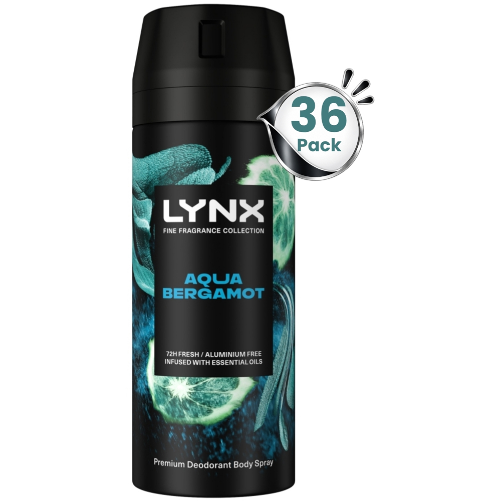 Lynx Fine Fragrance Men's Aqua Bergamot 72H Freshness Deodorant Body Spray 150ml 36 Pack