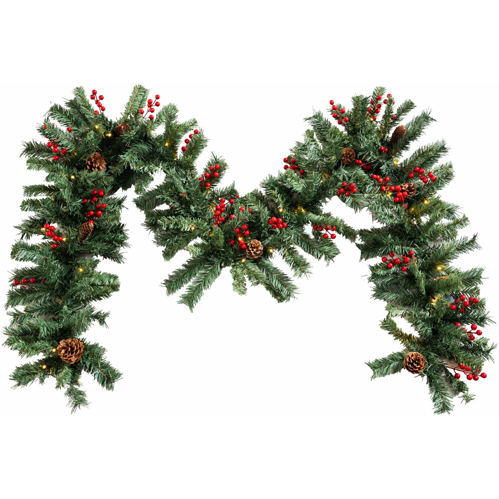 Abrihome 50 Warm White LED Artificial Christmas Garland with Tips Pinecones and Red Berries 270cm